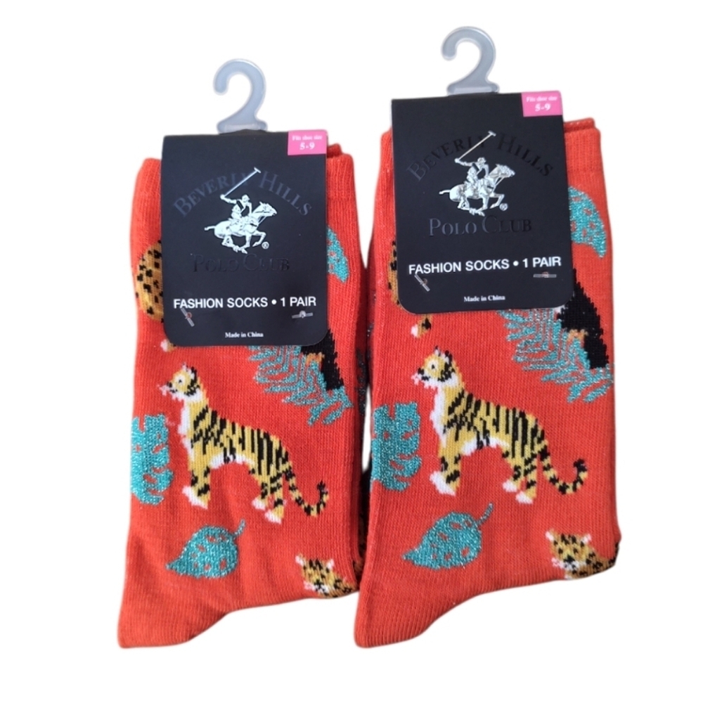 Safari Leopard and Tiger Print Clementine Orange Crew Socks Two Pair